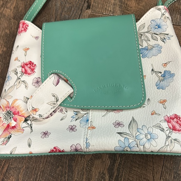 L'Artigiano Italian Genuine Leather Crossbody Bag Teal Floral - Picture 2 of 12